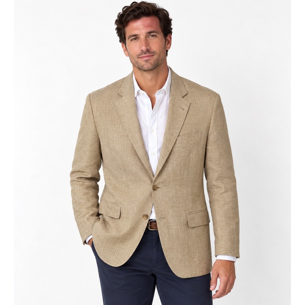 Brooks Brothers 1818 Madison Blazer Mens 43L Tan Linen Herringbone Elbow Patches